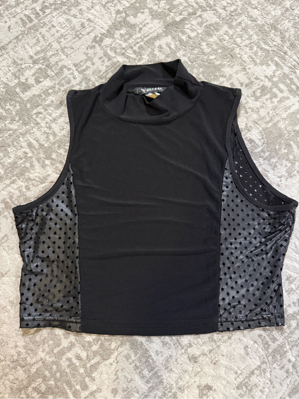 Valia Vintage Black Sleeveless Mesh Panel Mock Neck Crop Top Womens Medium